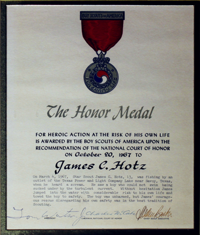 The Honor Medal - Presented to Jimmy Hotz - For saving the life of another at the risk of his own life.