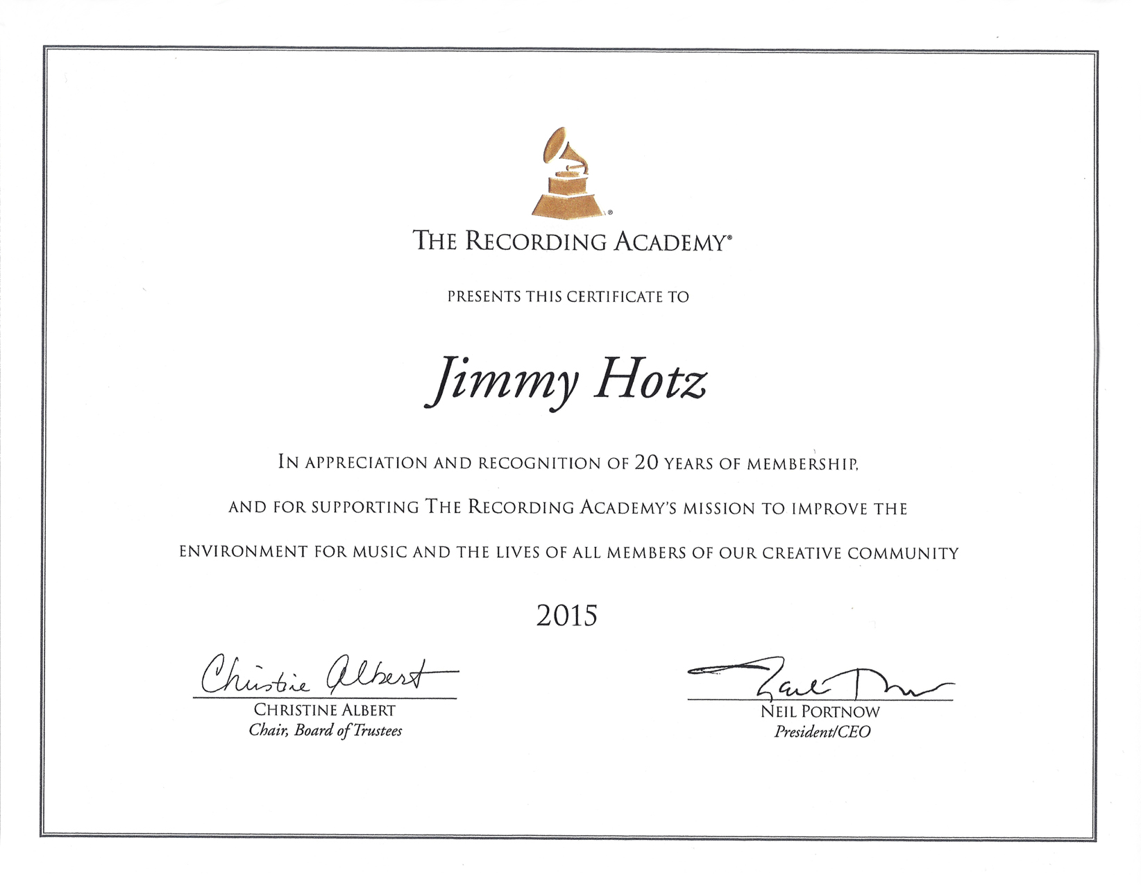 Jimmy Hotz Naras Grammys Voting Member The Recording Academy Certificate